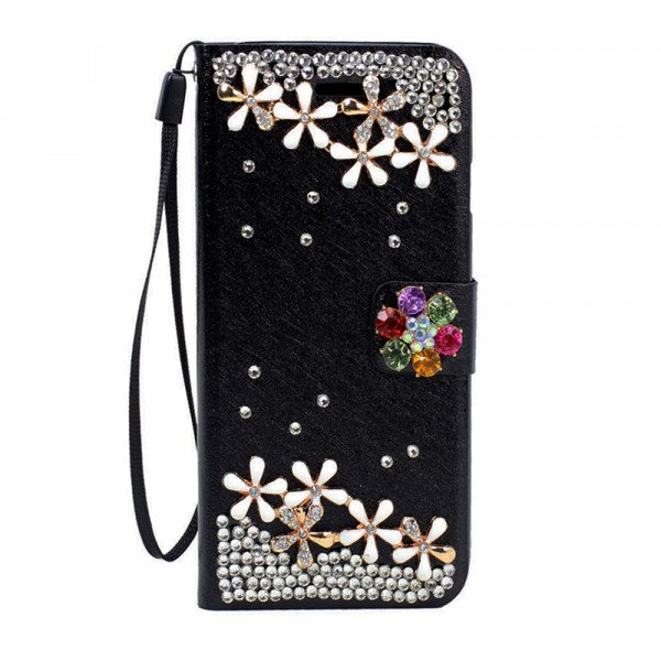 Wholesale Galaxy S6 Edge Crystal Flip Leather Wallet Case with Strap (Rainbow Flower Black)